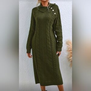 New Cable Knit Cowl Button Neck Midi Sweater Dress Olive Green